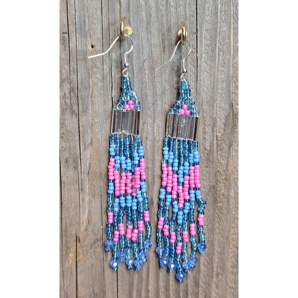 Handmade Beaded Earrings Drop / Dangle Geo Design Approx 4.5 in. Pink/Blue